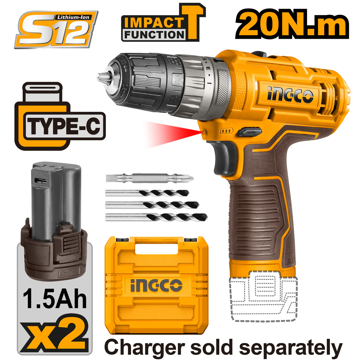 Taladro De Impacto 3/8 12V 2 Baterias Sin Cargador Ingco