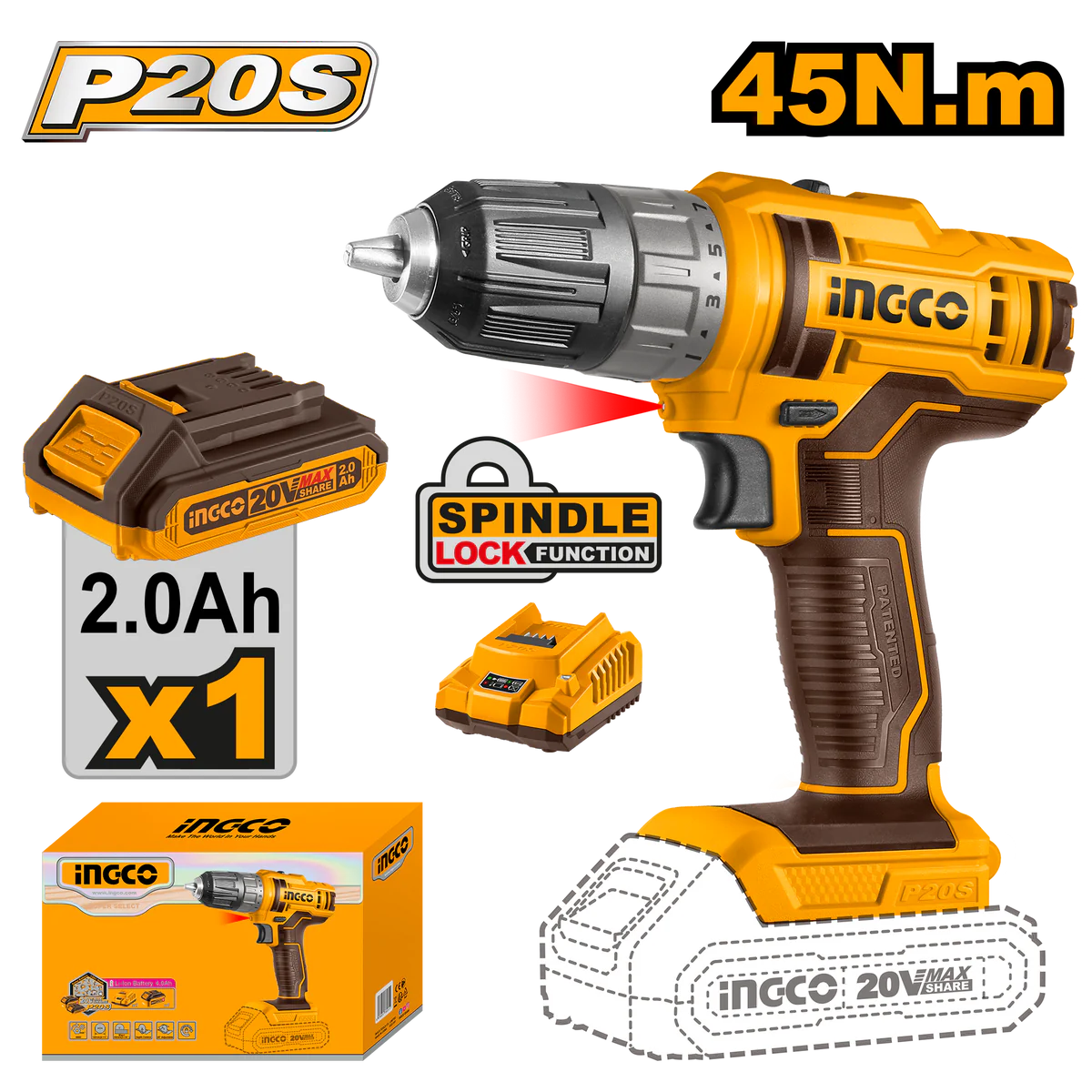 Taladro M3/8 20V 45Nm 1 Bateria Y 1 Cargador Ingco